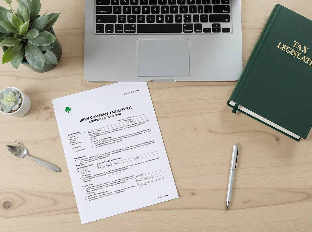 A flat lay of an Irish company tax return, a tax legislation book and a laptop