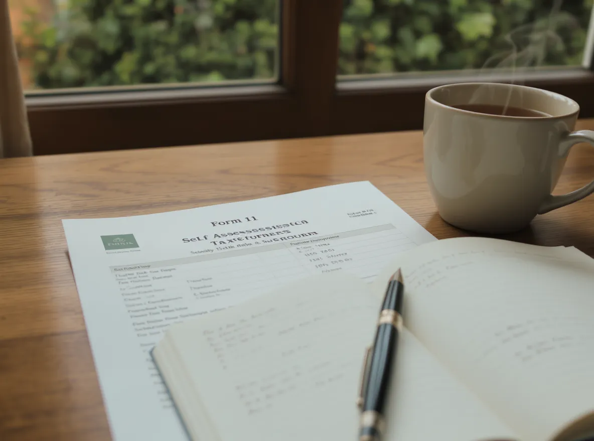 An Irish Form 11 self-assessment return, notebook and tea on a desk by a window