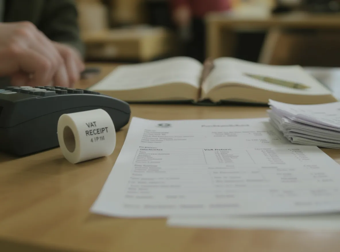 A VAT receipt roll, purchase invoices and a ledger on a small business desk