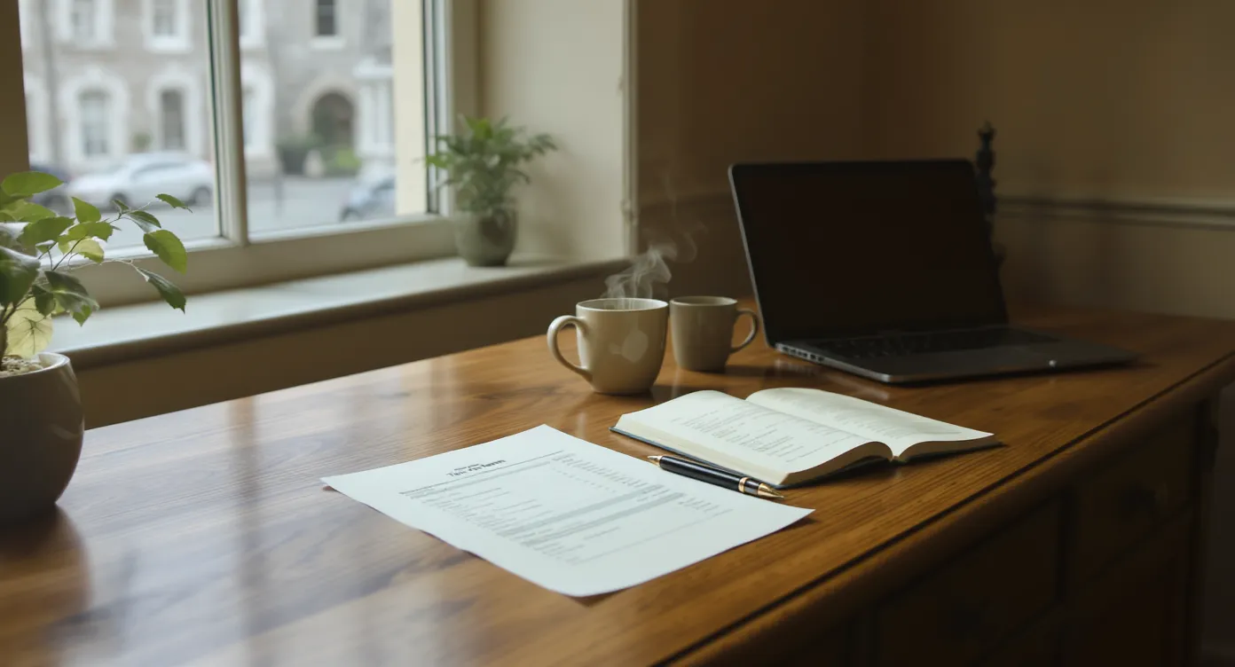 A sunlit oak desk with an Irish tax return, notebook and coffee beside a Georgian sash window in a Naas accountancy office