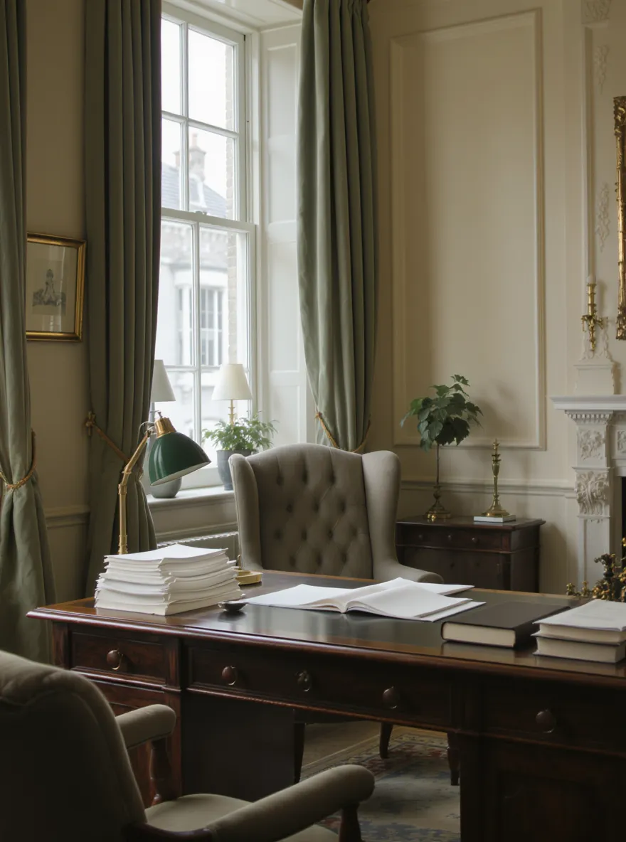 A refined Georgian accountancy office in Naas with a sash window, brass desk lamp and stacked client files